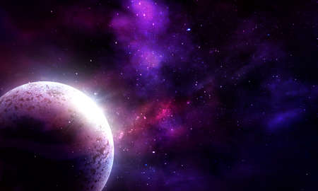 abstract space illustration, moon planet and blue light from stars, background