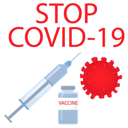 syringe and ampoule with vaccine, call for vaccination, vector illustration in flat style, stop covid-19のイラスト素材