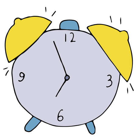 tabletop round alarm clock on legs with bells, color vector illustration in doodle style with black...