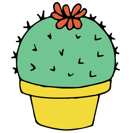 round green cactus in a pot with a flower and needles, color vector illustration in doodle style with black outlineのイラスト素材