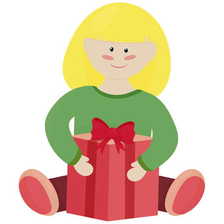 a blonde girl in a green sweater opens a New Year s gift - a Christmas children s picture, vector illustration in a flat styleのイラスト素材