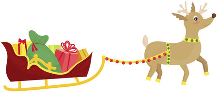 santa s sleigh with reindeer in harness, vector cute illustration in flat style, new year and christmasのイラスト素材