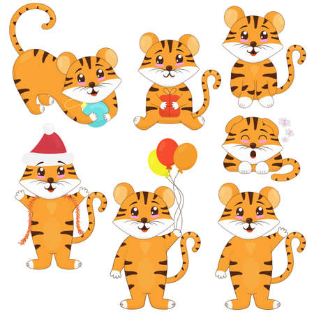 cute tiger cub with balloons, in a santa hat, with a gift, in a santa claus hat with tinsel, a symbol of the new 2022, a set of vector illustrations in a flat style on a white background, new year stickersのイラスト素材