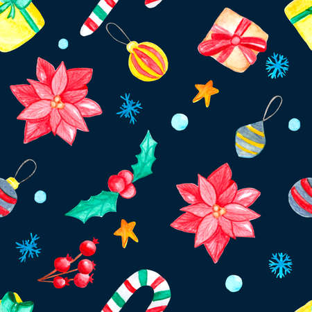 poinsettia, gift and holly, ball on the tree and sugar cane, seamless pattern for gift wrapping from cute watercolor pictures, freehand drawing for new year and christmas on a dark blue backgroundの写真素材