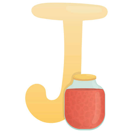 Letter J and jar of jam on a white background, training card. English vocabulary and alphabet, vector for children, learning aid in kindergarten and schoolのイラスト素材