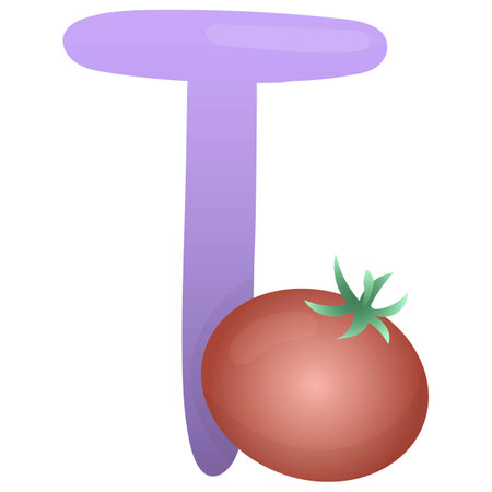 Letter T and tomato on a white background, training card. English vocabulary and alphabet, vector for children, learning aid in kindergarten and schoolのイラスト素材