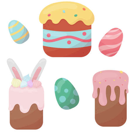set of traditional easter cakes and painted eggs, cute vector element in flat style isolated on white backgroundのイラスト素材