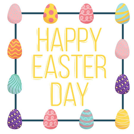 square frame of easter colored eggs - happy easter day, cute flat style vector illustration for card, invitation, souvenir isolated on white backgroundのイラスト素材