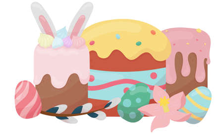 easter illustration - traditional Easter cakes, painted eggs, willow and spring flowers, vector...