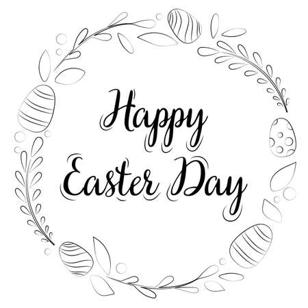 round wreath of easter eggs and cute twigs with black outline - happy easter day, cute vector illustration for card, invitation, souvenir isolated on white backgroundのイラスト素材