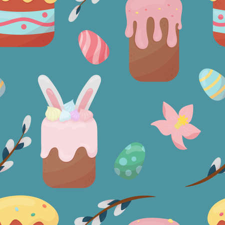 traditional easter cakes and painted eggs, willow, cute vector seamless pattern in flat style on...