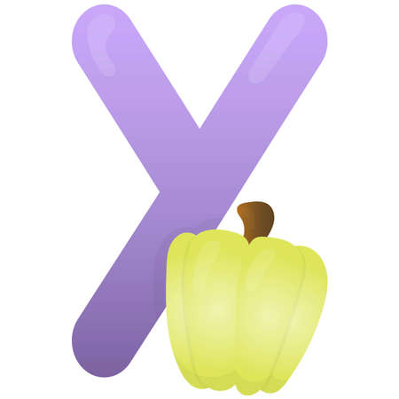 Letter Y and yellow bell pepper on a white background, training card. English vocabulary and alphabet, vector for children, learning aid in kindergarten and schoolのイラスト素材