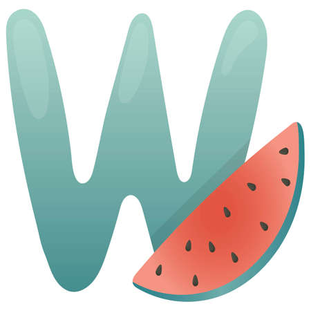 Letter W and a piece of red watermelon on a white background, training card. English vocabulary and alphabet, vector for children, learning aid in kindergarten and schoolのイラスト素材