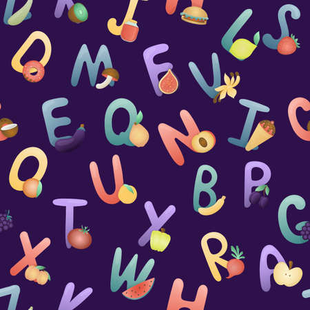All letters of the alphabet with pictures are fruits and vegetables. English dictionary and alphabet, vector seamless pattern on blue background for children, learning aid in kindergarten and schoolのイラスト素材
