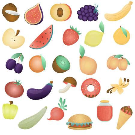 cute edible vegetables, fruits, berries, mushrooms, citrus fruits, donut, vanilla, jam, ice cream, vector set of elements on a white background for kids, help with learning in kindergarten and schoolのイラスト素材