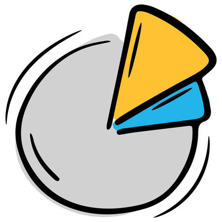 gray round chart with two colored sectors, infographics, vector isolated element in doodle style, white background, colored business doodles, black outlineのイラスト素材