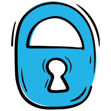 blue padlock lock access prohibition, security icon, vector isolated element in doodle style, white background, colored business doodles, black outlineのイラスト素材
