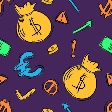 a set of business doodles for the bank - a bag of money, vector seamless pattern of elements in doodle style, black outline, purple background, business doodlesのイラスト素材