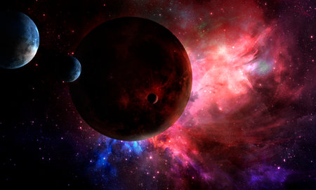 beautiful abstract red moon, planet in space on starry sky, abstract space 3d illustration,...