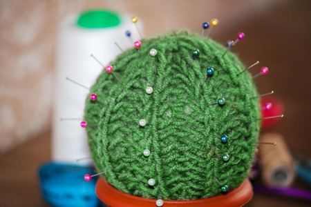 Cactus as a handmade needle bed on a brown backgroundの写真素材