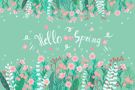 Hello spring text, Floral pattern, Card for spring season, greeting,invitation, template, banner,...