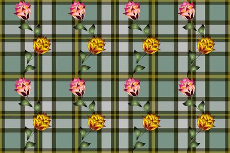 Floral and leafy patterns on a tartan background.のイラスト素材