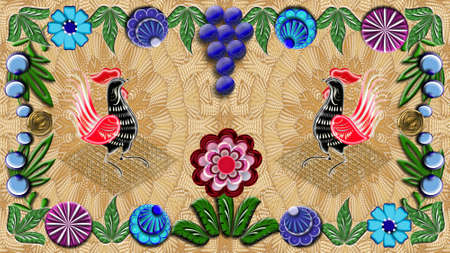 Beige background with folk Russian patterns, raster image is computer graphics and can be used in the design of textiles, in the printing industry, in a variety of design projectsの写真素材