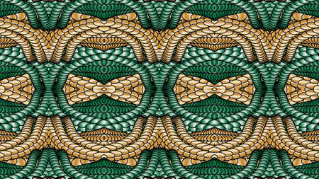 Green and gold abstract symmetric background is computer graphics and can be used in the design of...