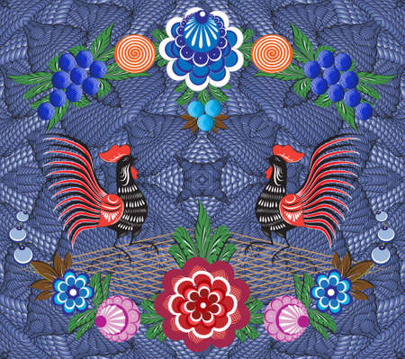 Blue background with folk Russian patterns is computer graphics and can be used in the design of textiles, in the printing industry, in a variety of design projectsの写真素材