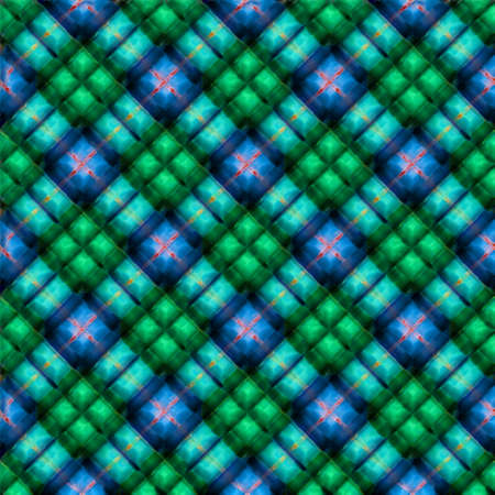 Green and blue stylized checkered background for prints, fabrics, designs, clothes. A cell is like a Scottish tartanの写真素材