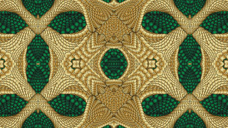 Green and gold abstract symmetric background is computer graphics and can be used in the design of...