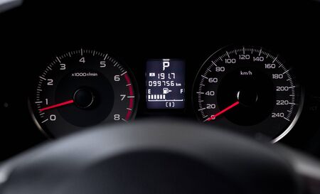 Luxury car dashboard black, speedometer, car backgroundの写真素材