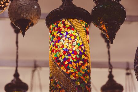 Colorful traditional Arabic mosaic lamp. Many different lamp backgroundの写真素材