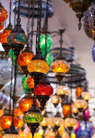 Colorful traditional Arabic mosaic lamp. Many different lamp backgroundの写真素材