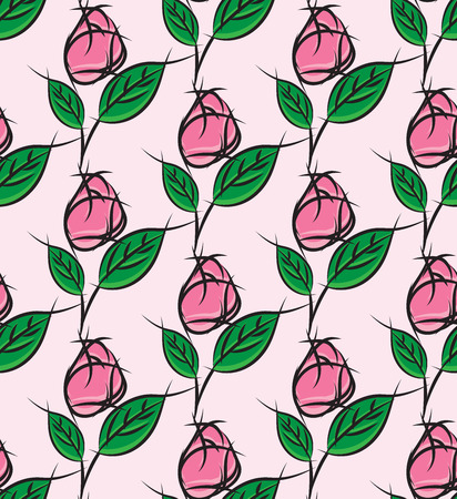 Pink roses with leaves seamless vector pattern.のイラスト素材
