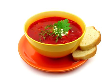 Red borsch with greens and sour cream. Two slices of breadの写真素材