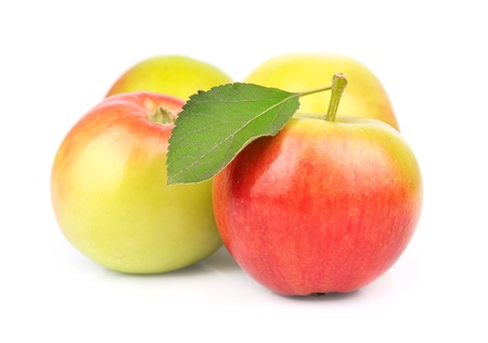 apple fruits with leaves isolated on white background の写真素材