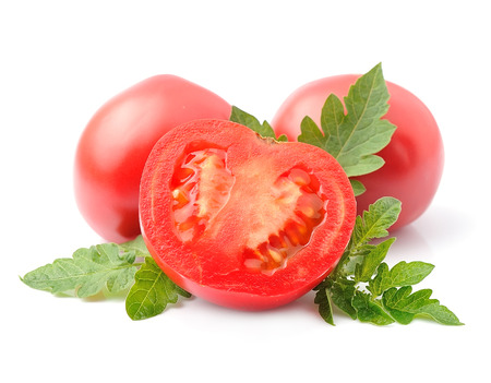 Tomatoes with leaves isolated on white close up. Vegetablesの写真素材