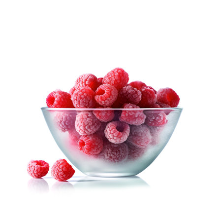 Frozen raspberries in a plate on a white background.Healthy food. generated AI.の素材