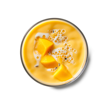 Mango fruits smoothies in glass flat lay on white backgrounds. Generated AIの素材