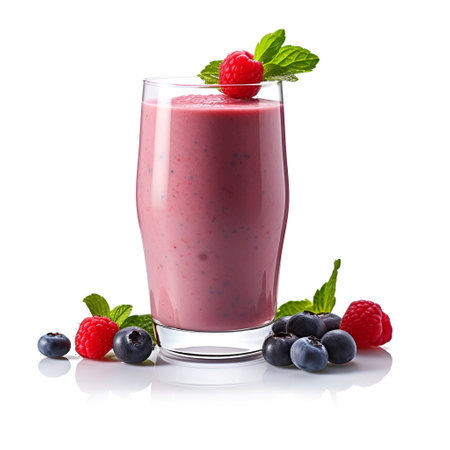 Milkshake with raspberries and blackberries on a white background. Generated AIの素材