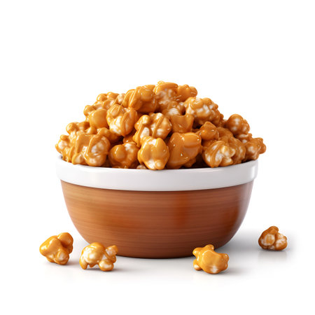 Classic pop corn with caramel topping in plate on white backgrounds.Generative AIの素材