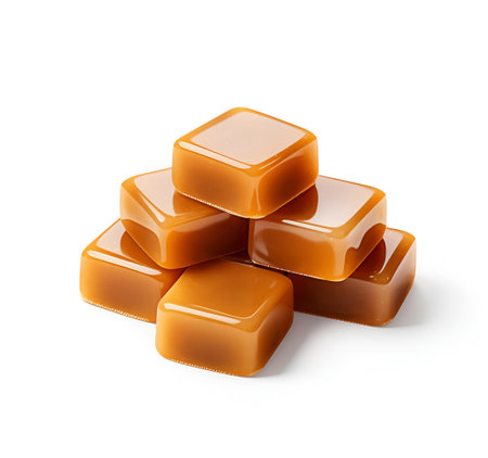 Caramel candy with caramel topping on white backgrounds. Healthy food ingredient. Come AI generated.の素材