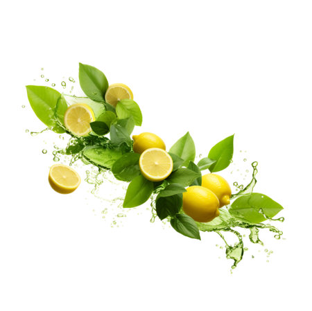 Falling lemons slick with green leaves tea with splash on white backgrounds. Health food. Generated AIの素材