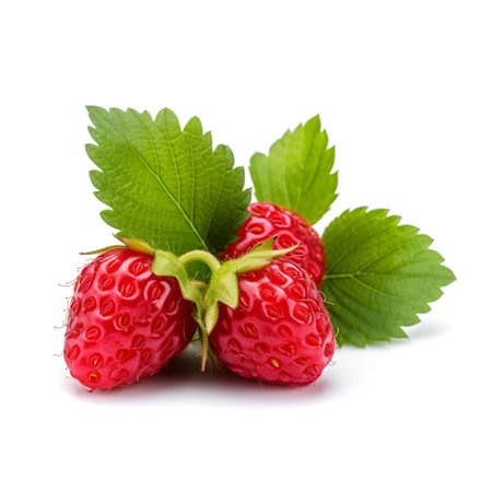 Wild strawberry with leaves closeup on white backgrounds. Generated AIの素材