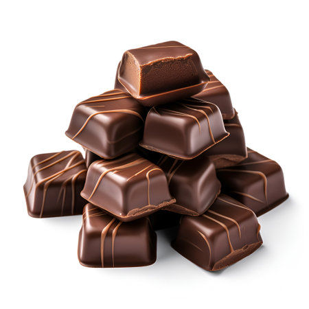 Heap of chocolate candy on white backgrounds. Health food. Generated AIの素材