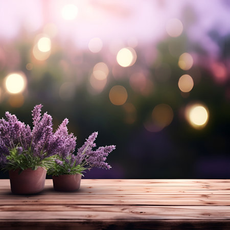 Lavender backgrounds with empty wooden table. Generated AIの素材