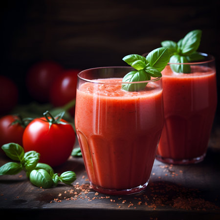 Tomatoes juice with basil herbal on black backgrounds. Health food. Generated AIの素材