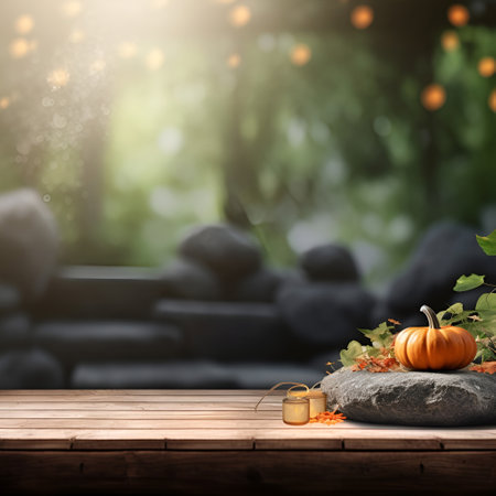 Backgrounds with an empty wooden table and pumpkins. Halloween holiday .Generated AIの素材