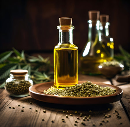 CBD oil in bottle on black backgrounds. generated AIの素材